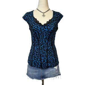 NWOT GUESS Women Blue Leopard Print Lace Trim Corset Top Size S Y2K Grunge Indie